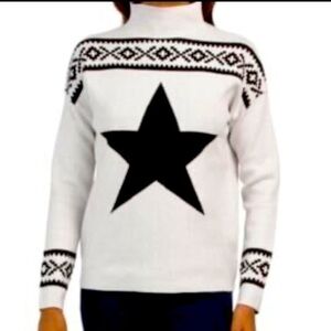 Tahari Cream, Black Star 🌟 Ski Sweater Cozy Mock Turtleneck Aztec Geometric M